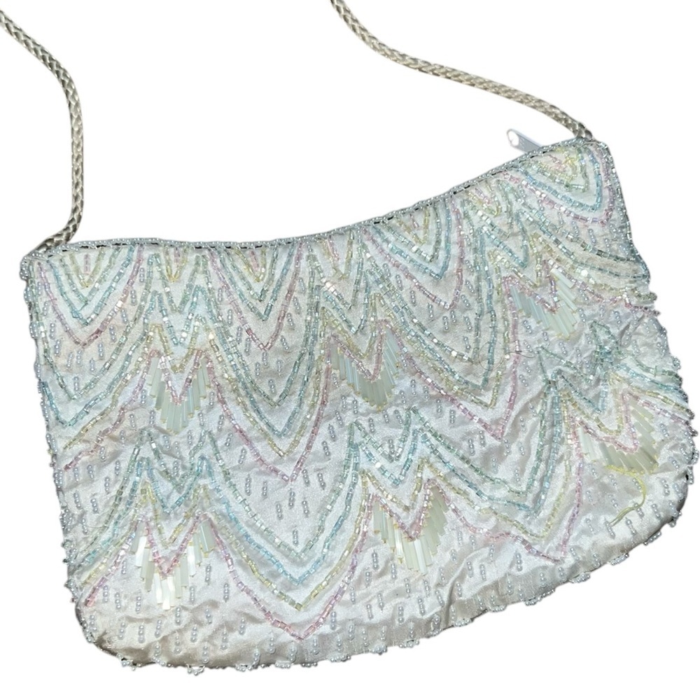 Vintage Mini Beaded Bag Cream with Pastel Beads Satin Lined 8”x5”
